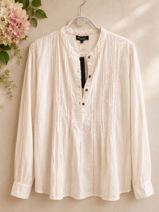 Papa Vancouver Tops - Papa Vancouver NWT Ivory 100% Cotton Pintuck Blouse Medium Pink Stitch Long Slv